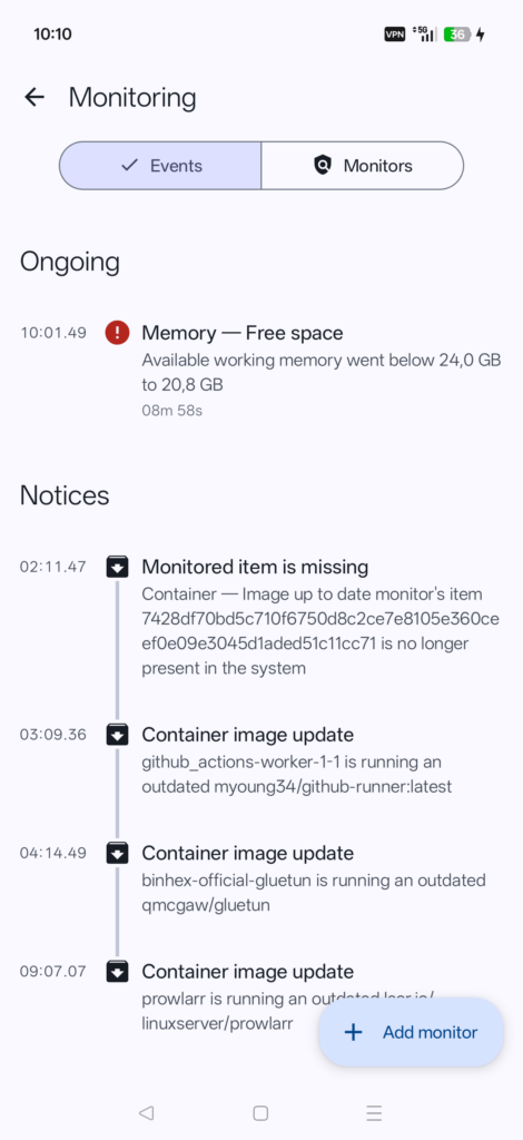 Monitee monitoring timeline with an ongoing free-memory event above a history of container image updates