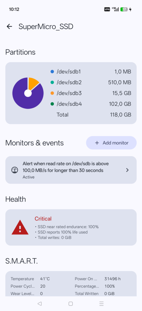 Drive detail screen with a partition breakdown and S.M.A.R.T. health