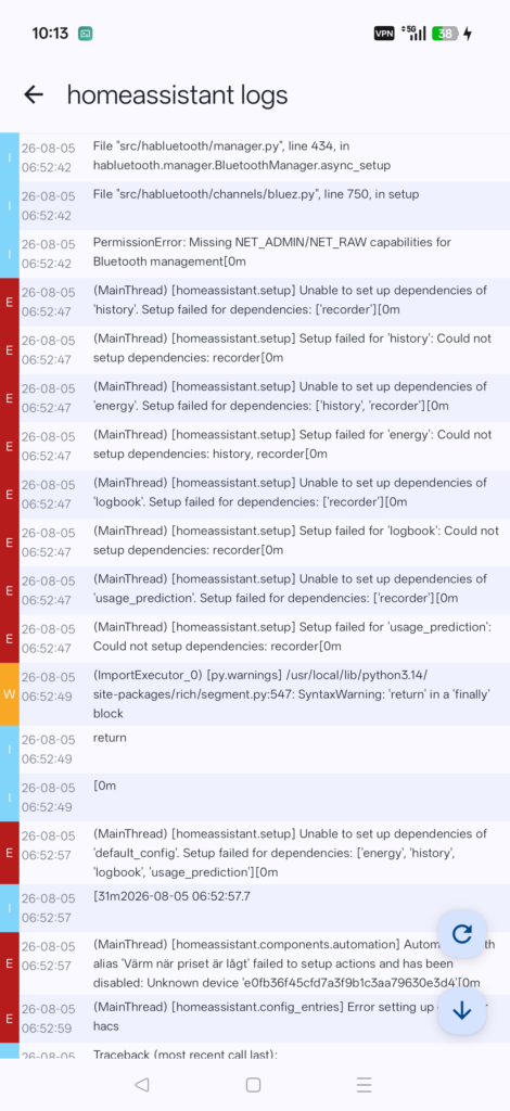 Container log viewer with colour-coded severity gutters