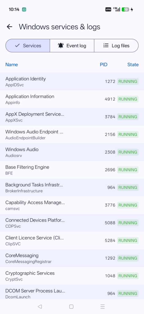 Windows service management screen