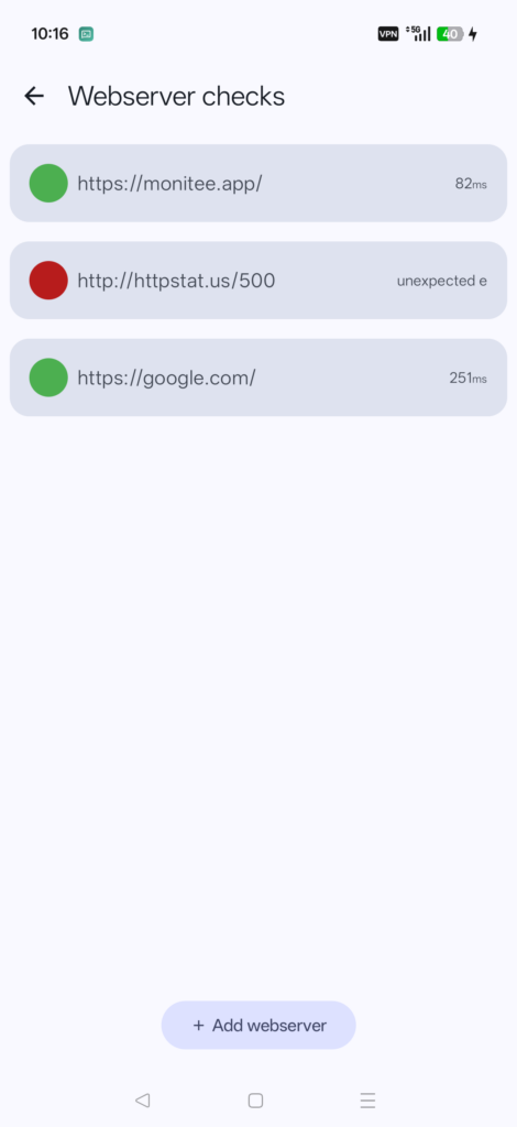 Web server check results with response status and latency