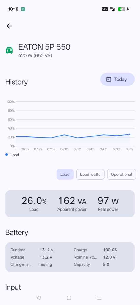 UPS status screen showing battery charge and load