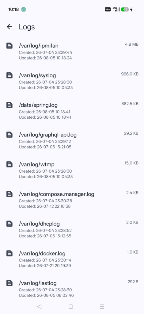 Log file browser listing system log paths and sizes