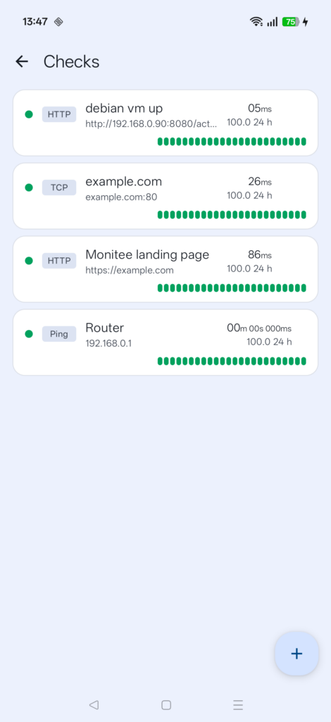 Four uptime checks over HTTP, TCP and ping, each at 100 percent for 24 hours