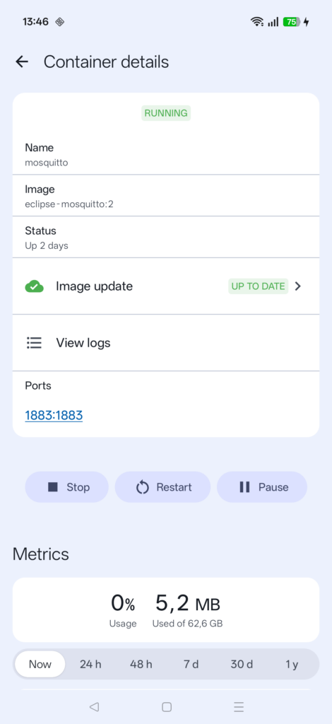 Docker container detail for mosquitto, running and up to date, with stop, restart and pause buttons