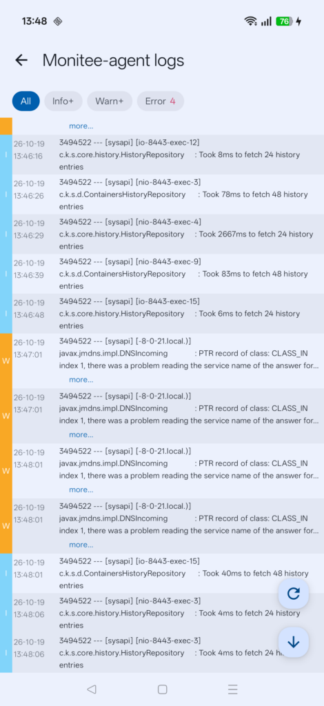 Agent log viewer with info and warning lines colour-coded and four errors in the filter