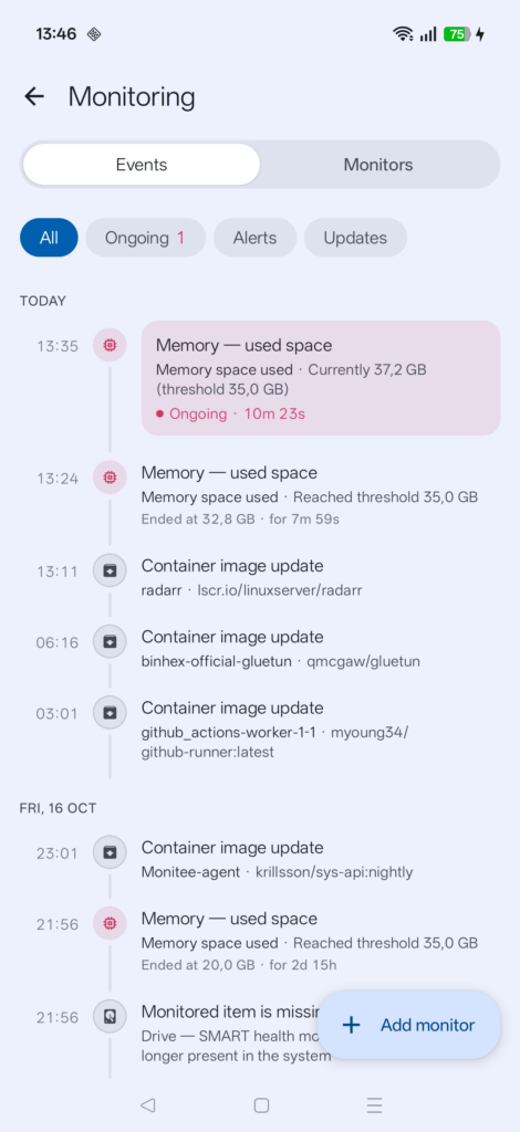 Monitoring timeline with an ongoing memory event above 35 GB, earlier memory events and container image updates