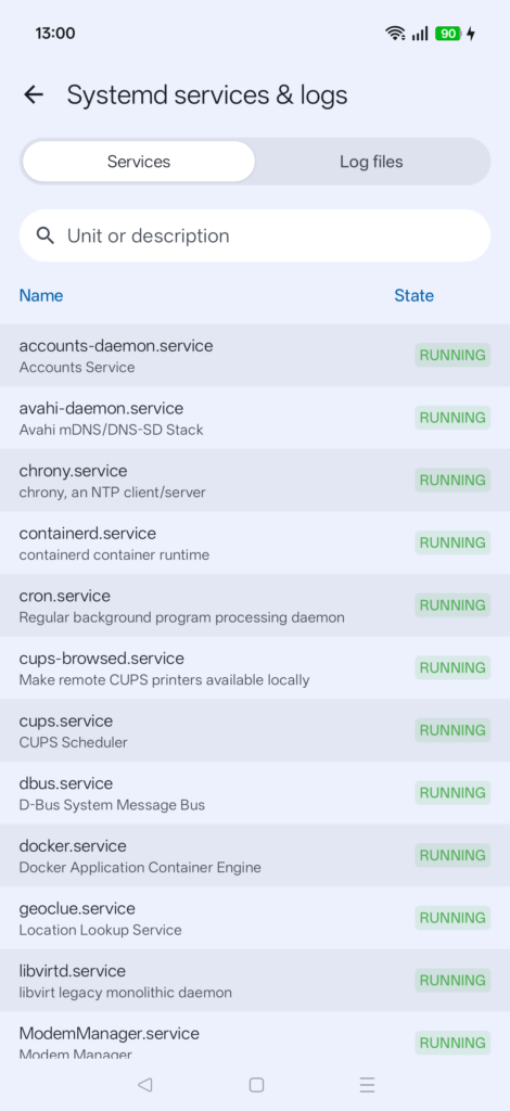Systemd services list with every unit shown running