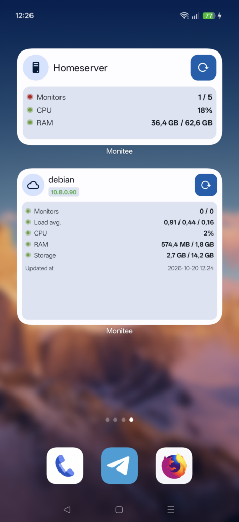 Home screen widgets for two servers showing monitors, CPU, RAM and storage